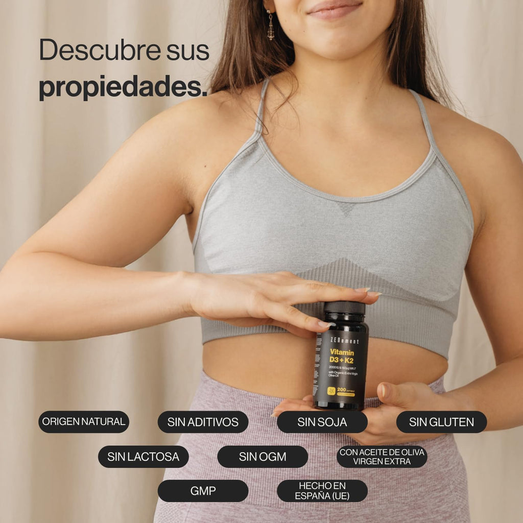 Vitamina D3 + K2 | Vitamina D3 2000UI Vitamina K2 MK7 150 Μg Alta Biodisponibilidad, 200 Perlas Con Aceite Oliva Virgen Extra Ecológico Español | Contribuye Al Sistema Inmunológico, Huesos | Zenement