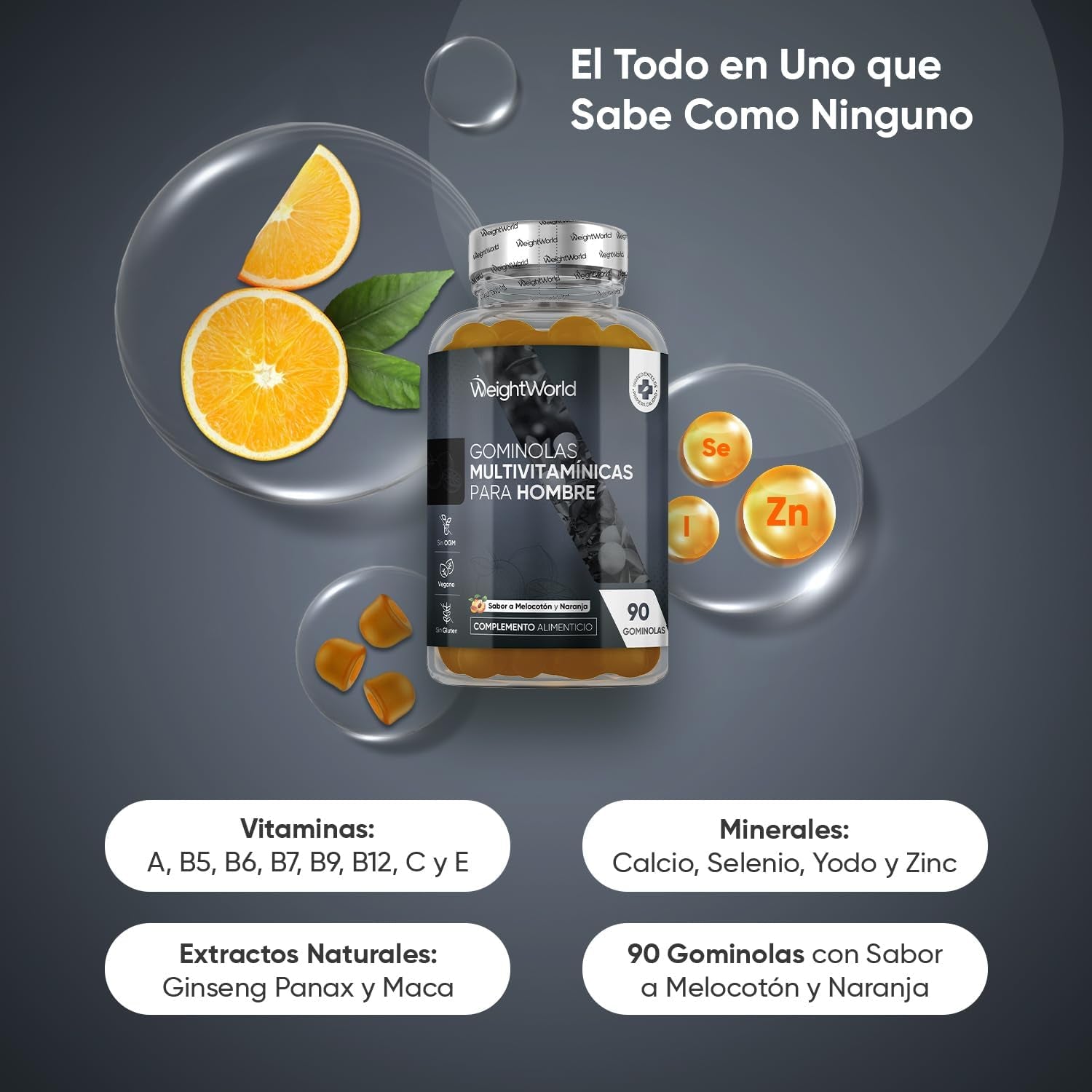 Multivitamínico Hombre Con Minerales - 90 Gominolas Sabor Melocotón Y Naranja - 14 Nutrientes Esenciales, Men Complex De Vitaminas B, Vitamina C, Calcio, Zinc Maca Y Biotina - Apto Para Veganos