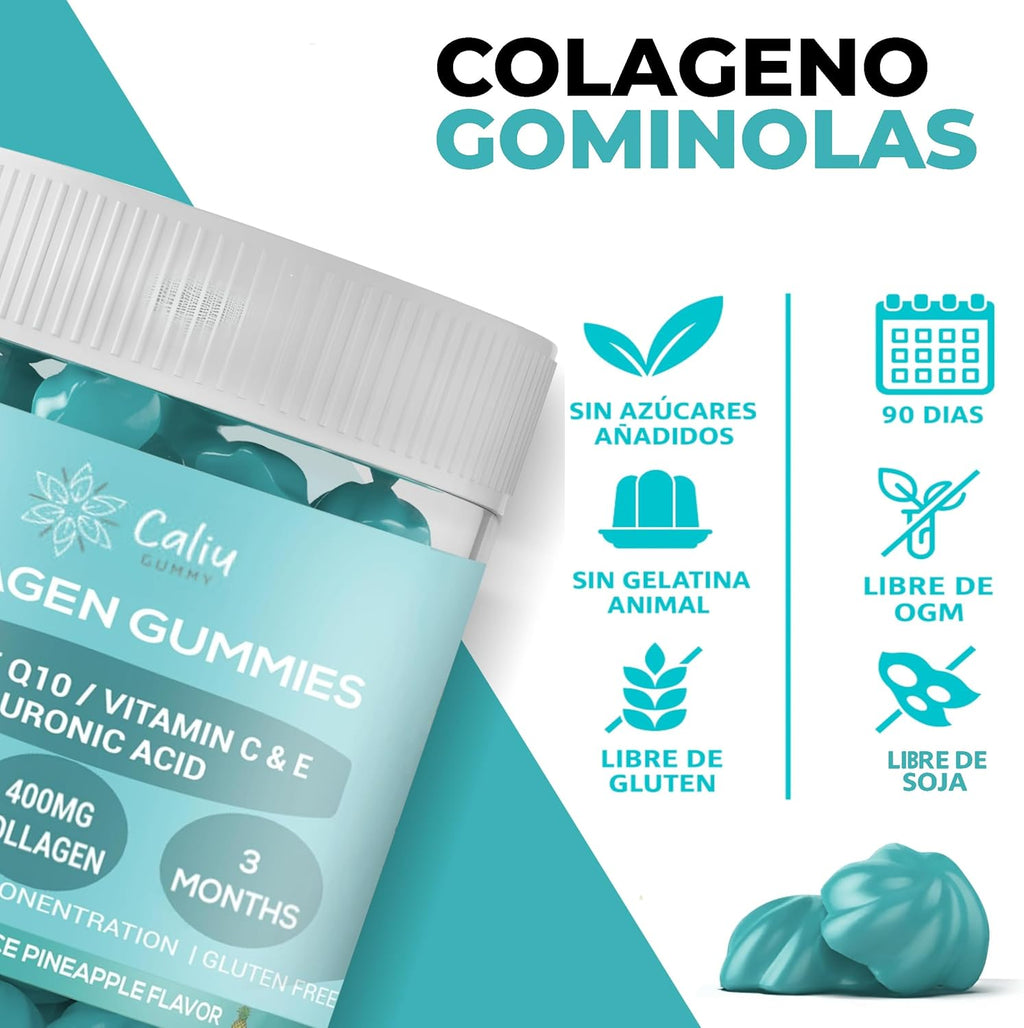Gomitas De Colágeno Marino Hidrolizado 400 Mg + Ácido Hialurónico + Coenzima Q10 + Vitaminas C, D Y E | 90 Gomitas | Piña | Suplemento Piel, Cabello, Uñas Y Articulaciones | Sin Azúcar