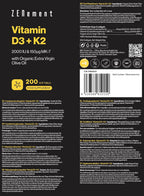 Vitamina D3 + K2 | Vitamina D3 2000UI Vitamina K2 MK7 150 Μg Alta Biodisponibilidad, 200 Perlas Con Aceite Oliva Virgen Extra Ecológico Español | Contribuye Al Sistema Inmunológico, Huesos | Zenement