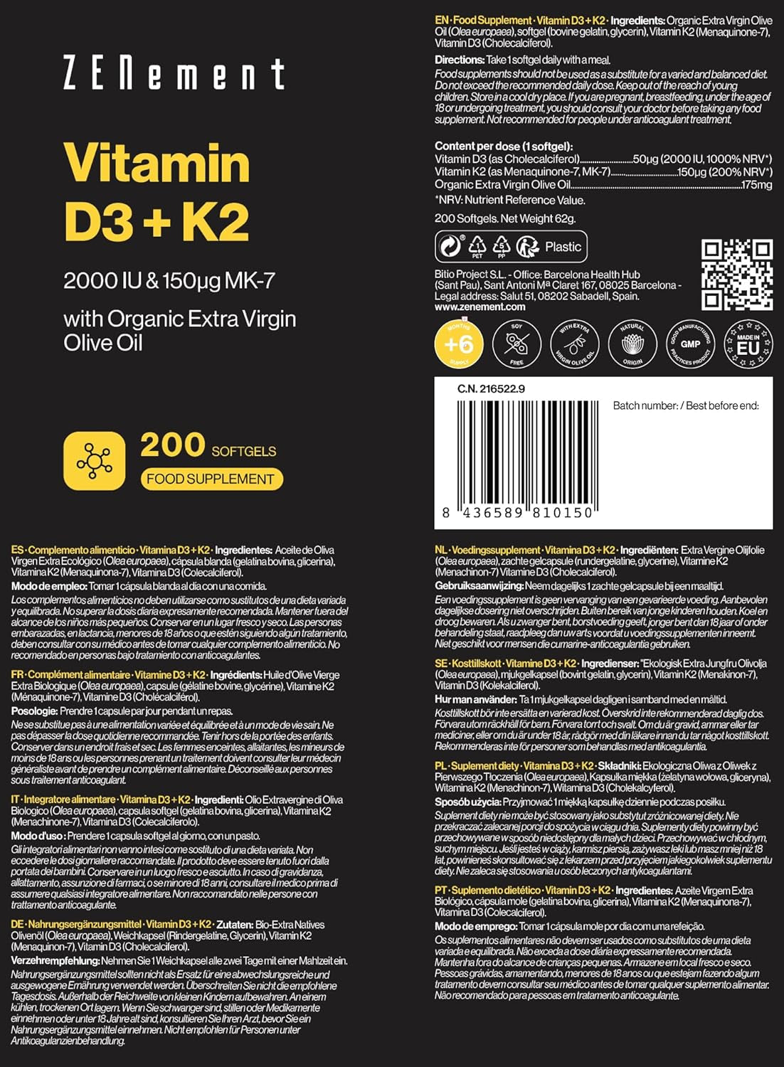 Vitamina D3 + K2 | Vitamina D3 2000UI Vitamina K2 MK7 150 Μg Alta Biodisponibilidad, 200 Perlas Con Aceite Oliva Virgen Extra Ecológico Español | Contribuye Al Sistema Inmunológico, Huesos | Zenement