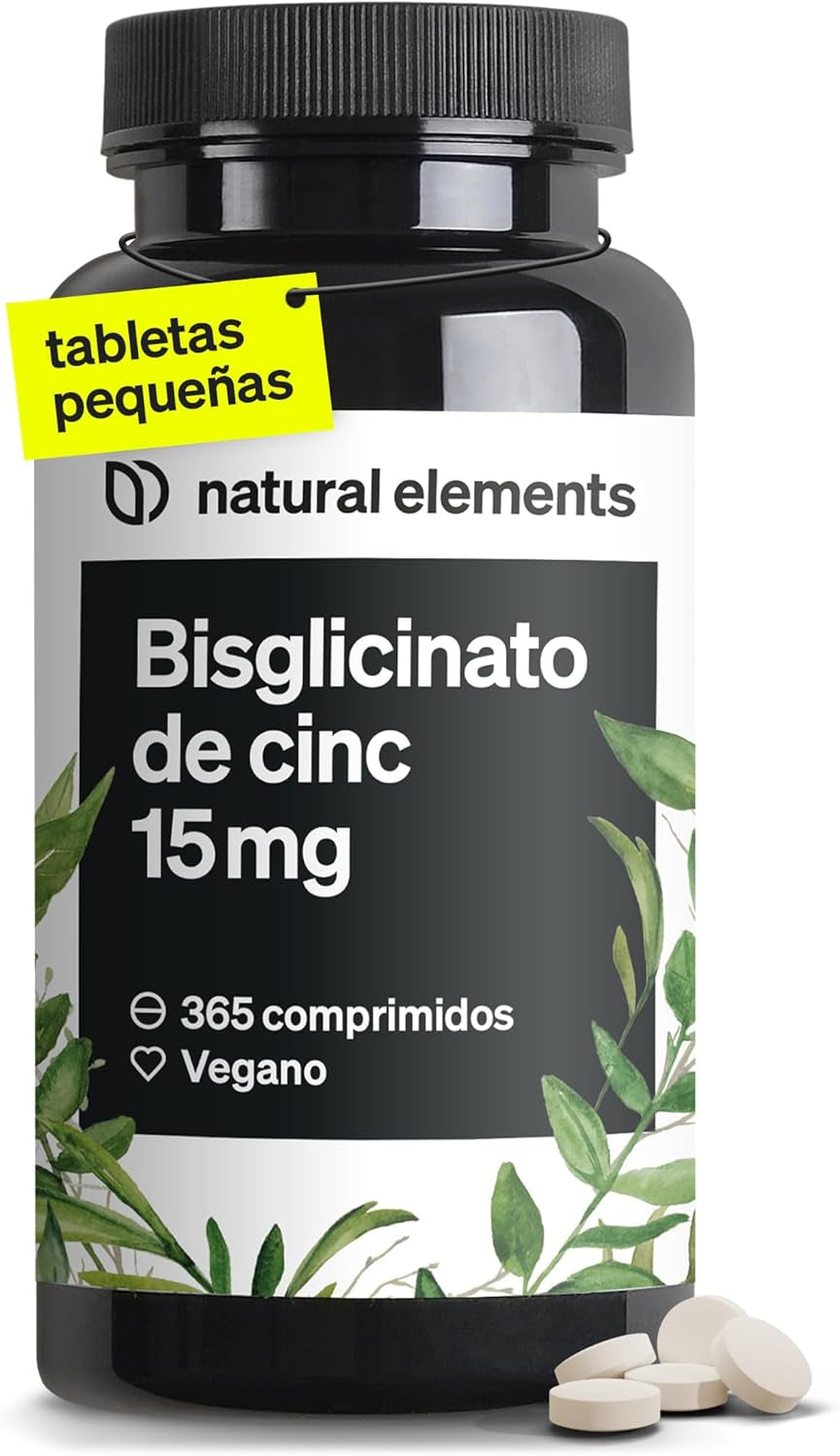 Natural Elements Zinc Bisglicinato 15Mg - 365 Comprimidos (1 Año) - Para El Pelo, Piel, Uñas Y Reforzar Sistema Inmunológico - Bisglicinato De Zinc Alta Biodisponibilidad