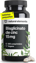 Natural Elements Zinc Bisglicinato 15Mg - 365 Comprimidos (1 Año) - Para El Pelo, Piel, Uñas Y Reforzar Sistema Inmunológico - Bisglicinato De Zinc Alta Biodisponibilidad