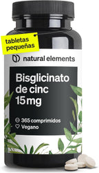 Natural Elements Zinc Bisglicinato 15Mg - 365 Comprimidos (1 Año) - Para El Pelo, Piel, Uñas Y Reforzar Sistema Inmunológico - Bisglicinato De Zinc Alta Biodisponibilidad