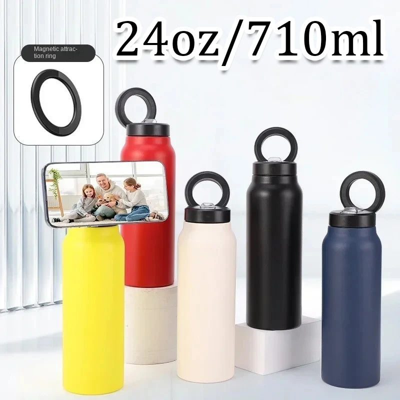 Magnetic Phone Holder Insulated Sports Water Bottle with Phone Mount Stand for Gym Outdoor Activities Daily Hydration