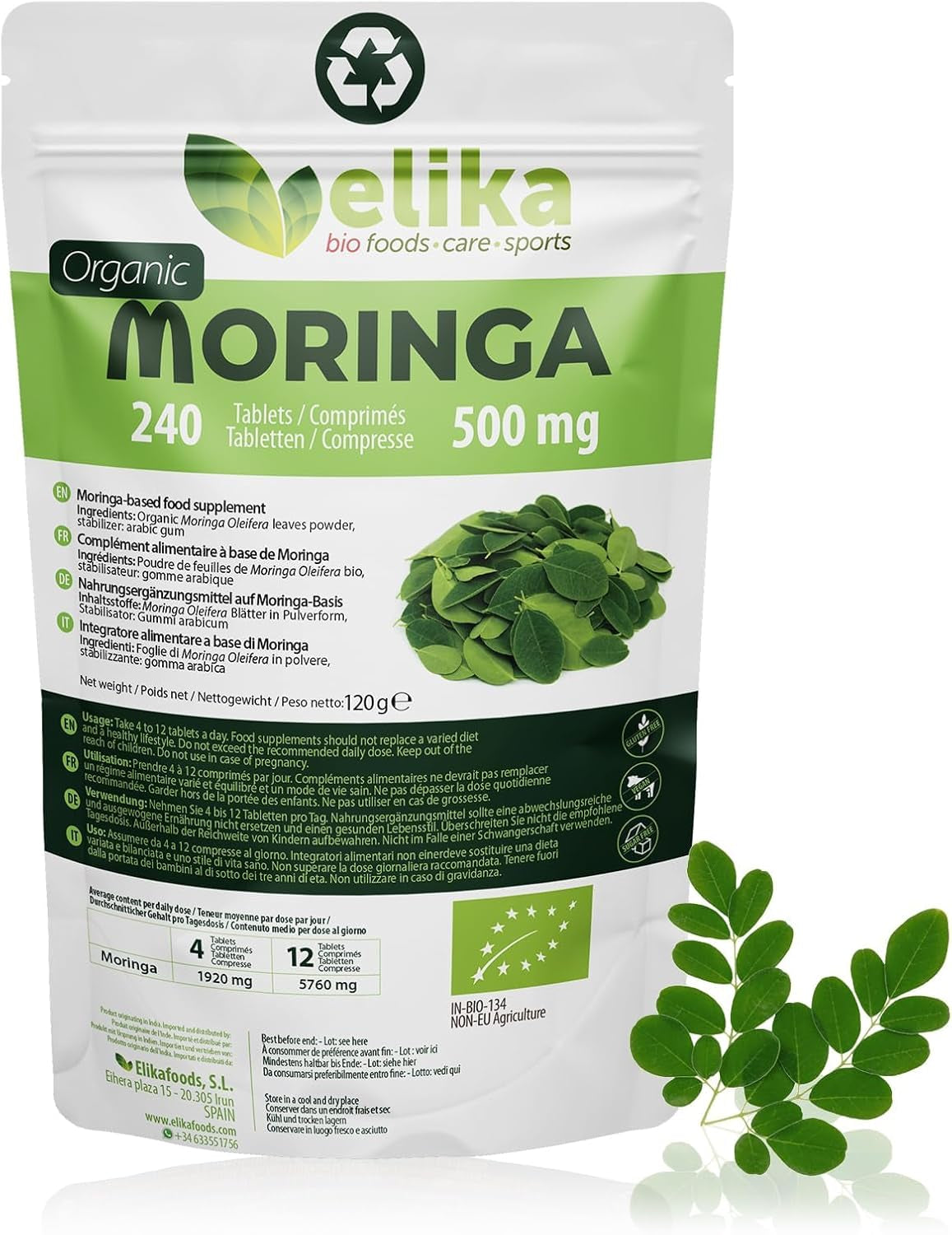 Moringa Oleifera ® ORGÁNICA. 240 Comprimidos 500 Mg. Superfood Natural: Vitaminas, Proteínas, Minerales, Antioxidantes. Energizante Natural. Vegana, Sin Gluten Y Libre De Aditivos.