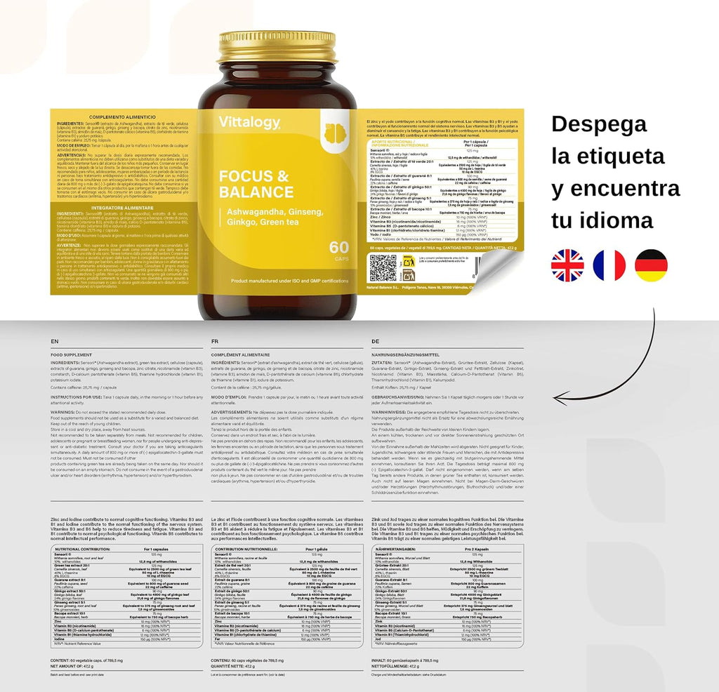 Focus & Balance Complemento Alimenticio Nootrópico Con Ashwagandha Para Memoria Y Concentración. Suplemento Antiestrés De Té Verde, Ginseng Y Vitaminas B3, B5 Y B1 Para Estudiar. 60 Cápsulas