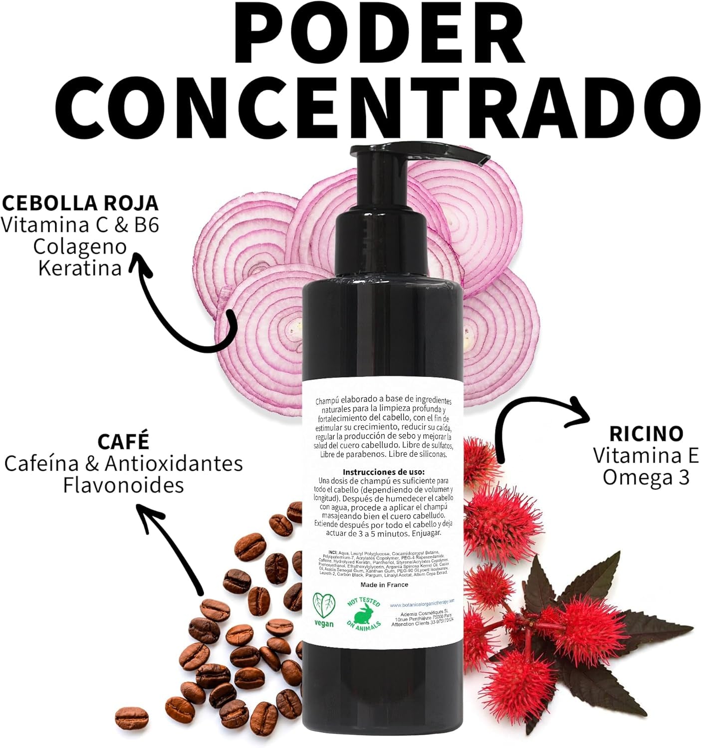 Champu De Cebolla, Cafeina Y Ricino Para Cabello Graso: Estimulador Capilar, Fortalecedor, Anticaída Y Seborregulador. SIN Parabenos, SIN Sulfatos, SIN Siliconas - 100 Ml