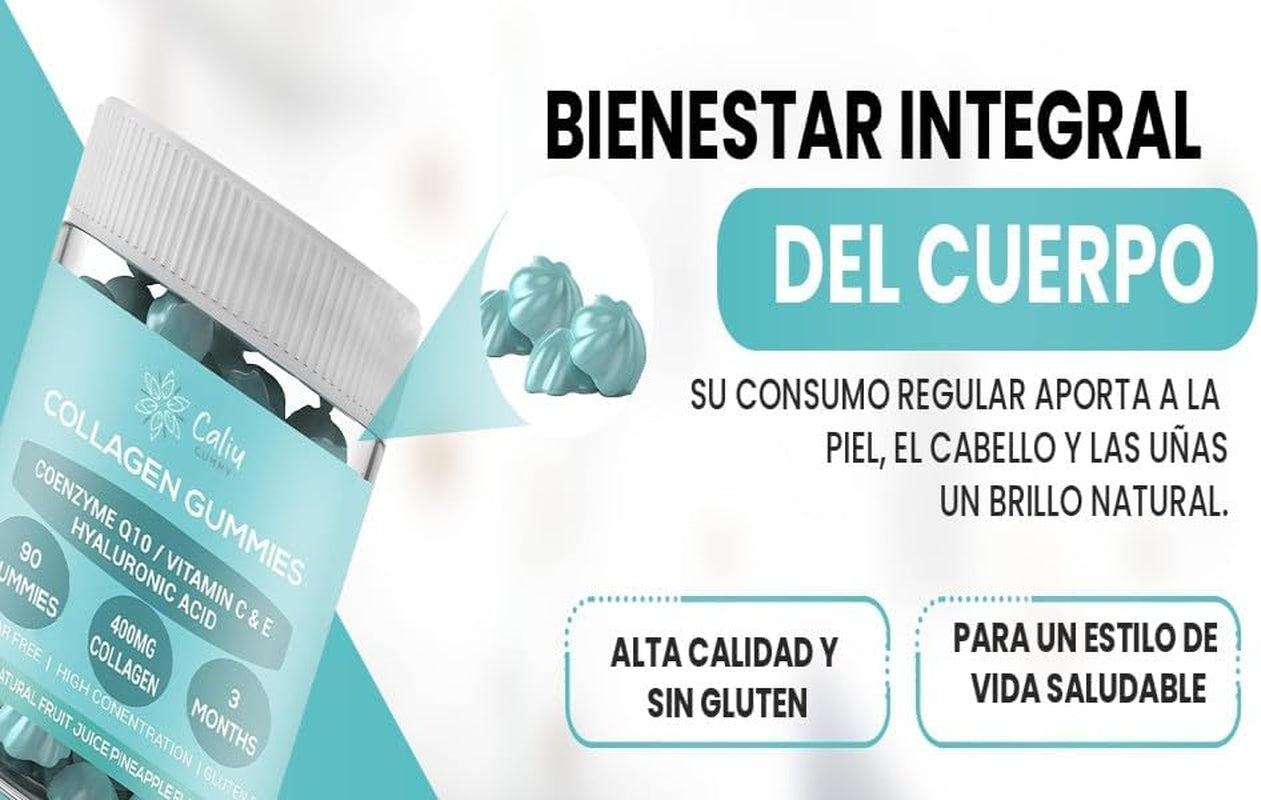 Gomitas De Colágeno Marino Hidrolizado 400 Mg + Ácido Hialurónico + Coenzima Q10 + Vitaminas C, D Y E | 90 Gomitas | Piña | Suplemento Piel, Cabello, Uñas Y Articulaciones | Sin Azúcar