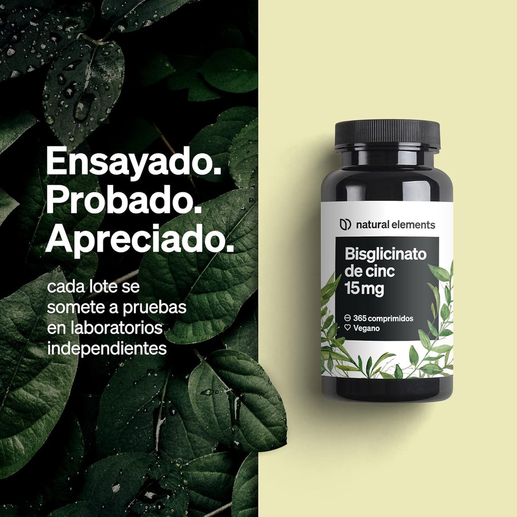 Natural Elements Zinc Bisglicinato 15Mg - 365 Comprimidos (1 Año) - Para El Pelo, Piel, Uñas Y Reforzar Sistema Inmunológico - Bisglicinato De Zinc Alta Biodisponibilidad