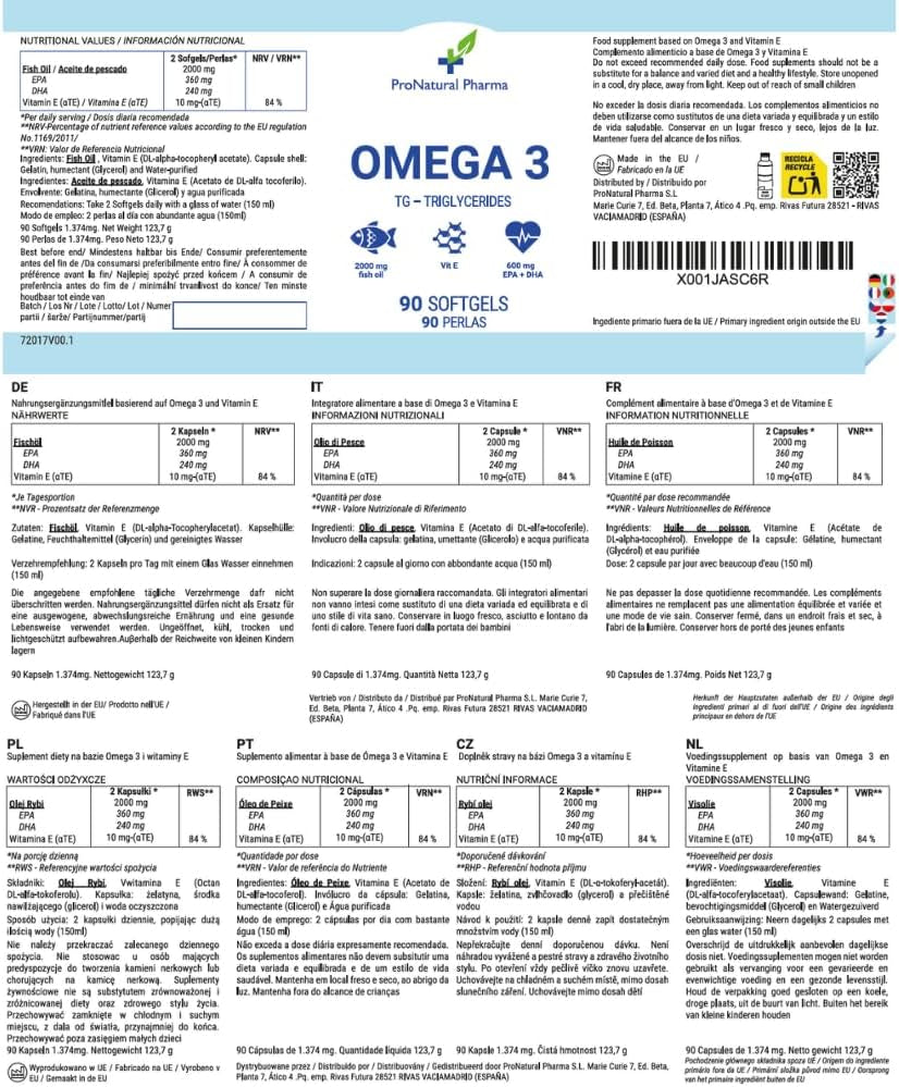 OMEGA 3 | 90 Cápsulas | Aceite De Pescado Puro + Vitamina E | 1000Mg - Ácido Grasos 300Mg EPA+DHA Pronatural Pharma