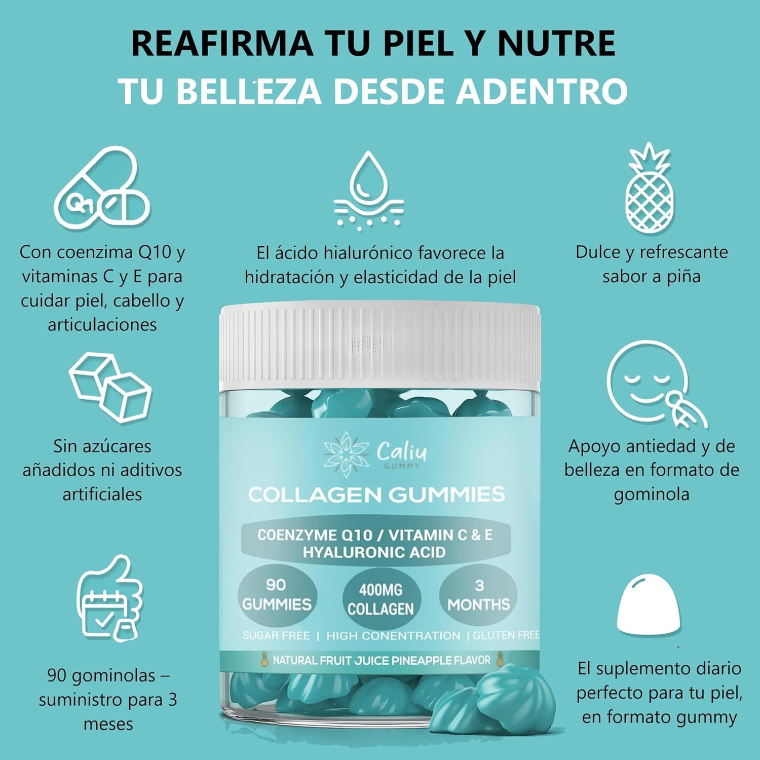 Gomitas De Colágeno Marino Hidrolizado 400 Mg + Ácido Hialurónico + Coenzima Q10 + Vitaminas C, D Y E | 90 Gomitas | Piña | Suplemento Piel, Cabello, Uñas Y Articulaciones | Sin Azúcar