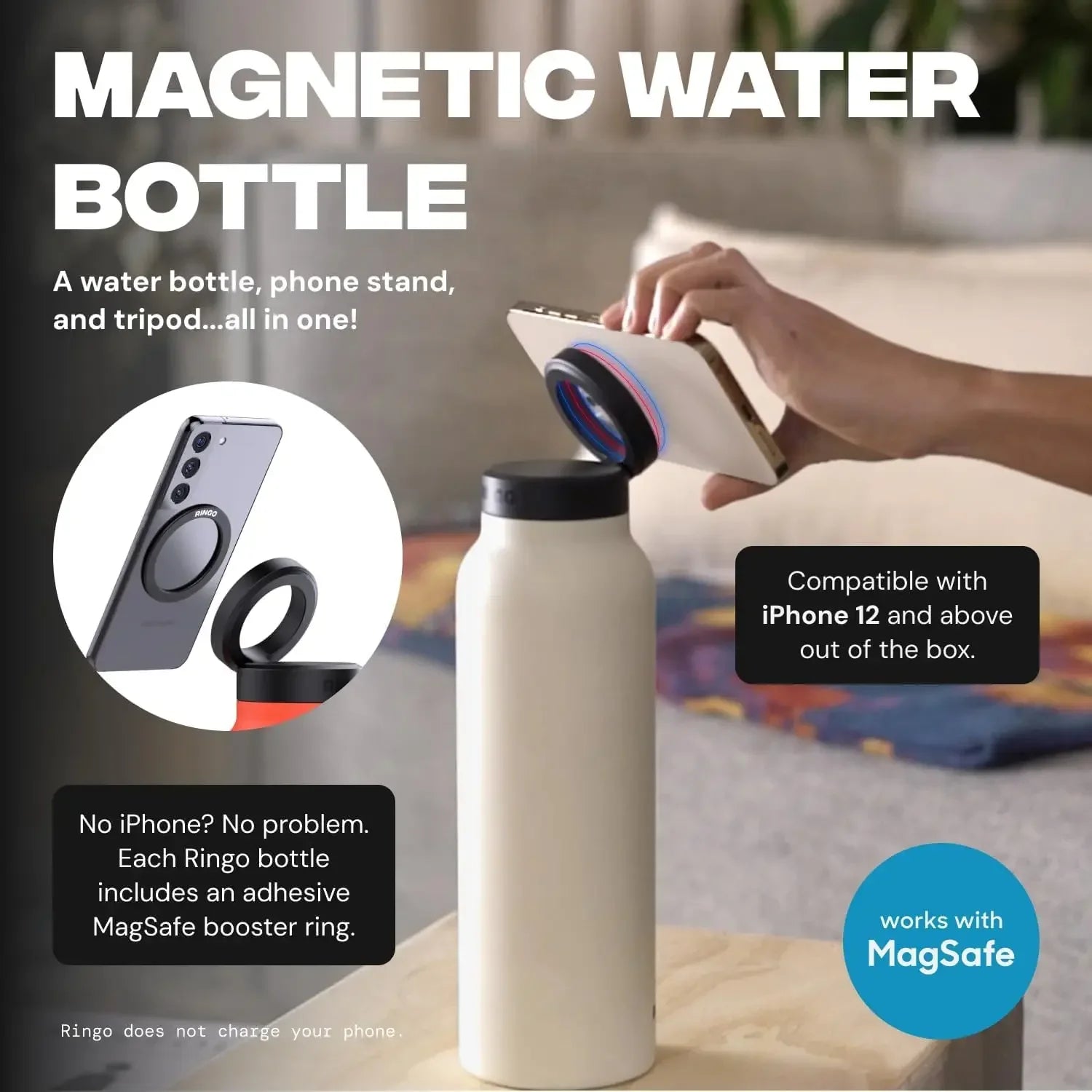 Magnetic Phone Holder Insulated Sports Water Bottle with Phone Mount Stand for Gym Outdoor Activities Daily Hydration