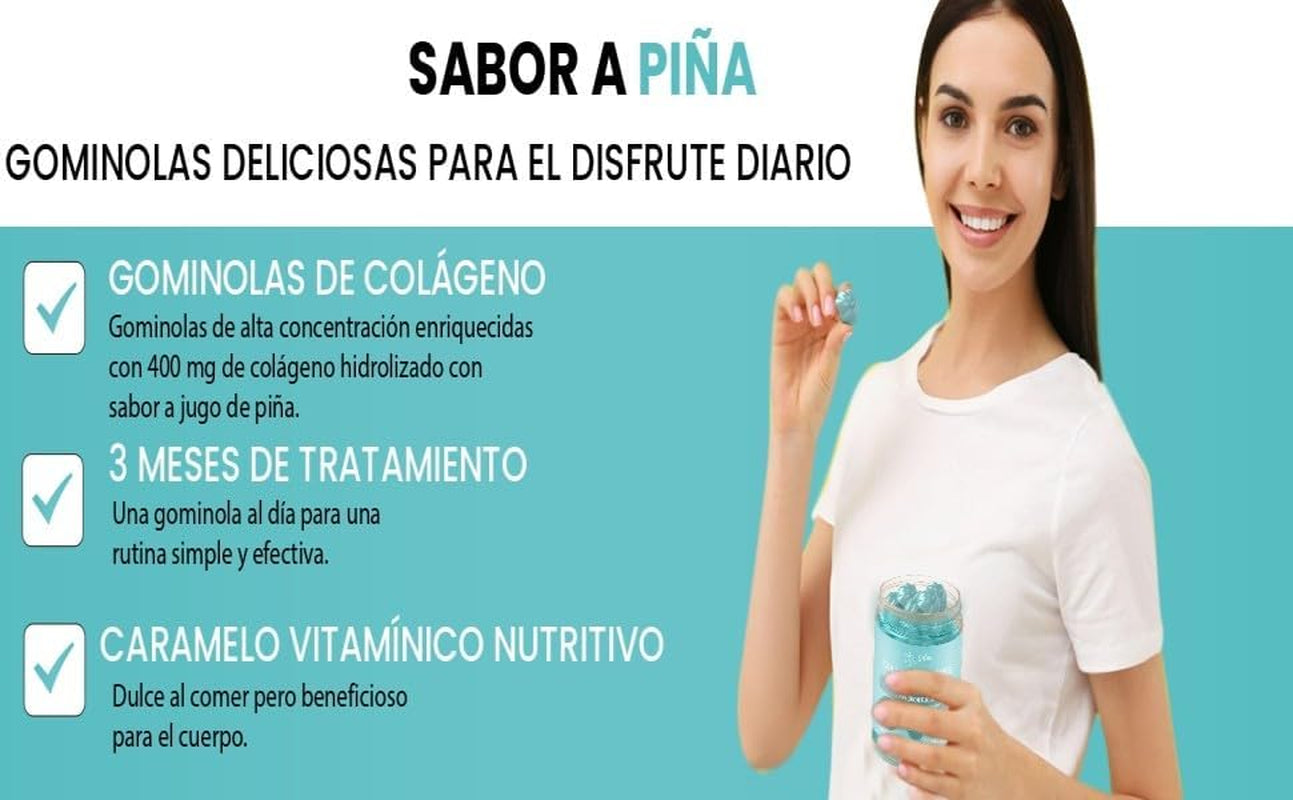 Gomitas De Colágeno Marino Hidrolizado 400 Mg + Ácido Hialurónico + Coenzima Q10 + Vitaminas C, D Y E | 90 Gomitas | Piña | Suplemento Piel, Cabello, Uñas Y Articulaciones | Sin Azúcar