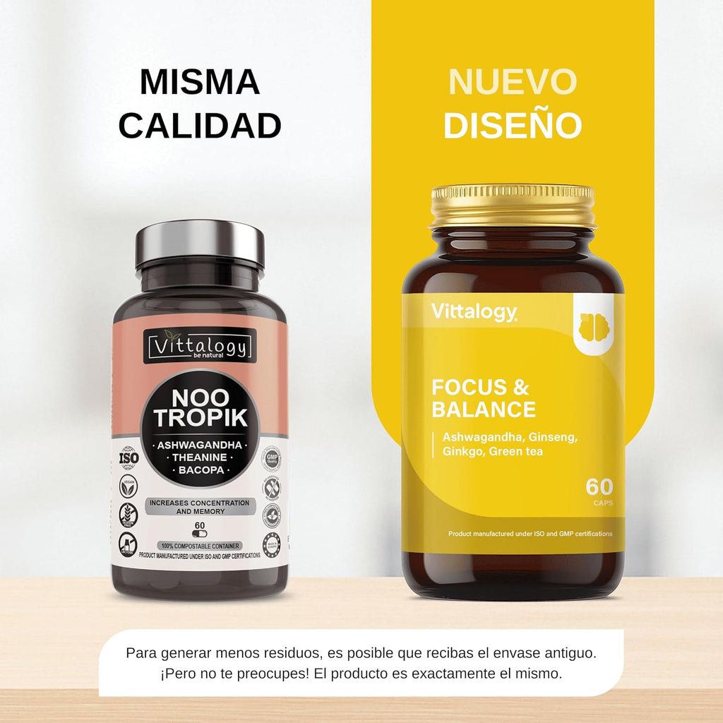 Focus & Balance Complemento Alimenticio Nootrópico Con Ashwagandha Para Memoria Y Concentración. Suplemento Antiestrés De Té Verde, Ginseng Y Vitaminas B3, B5 Y B1 Para Estudiar. 60 Cápsulas