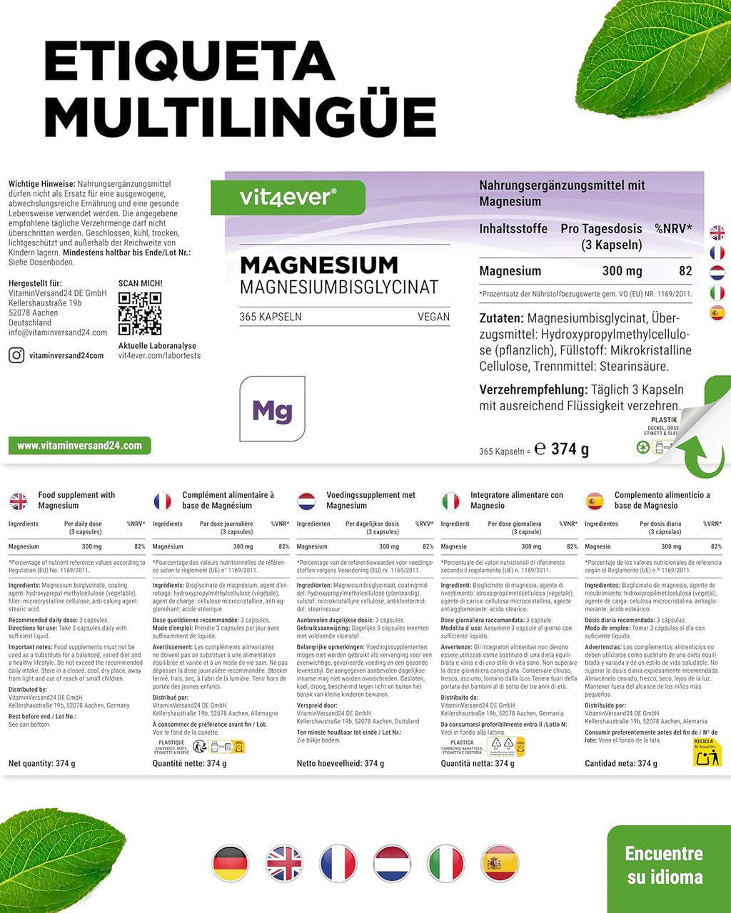 Vit4Ever Magnesio Bisglicinato - 365 Cápsulas - 300 Mg De Magnesio Elemental Por Dosis Diaria - Premium: Magnesium Quelado - Vegano