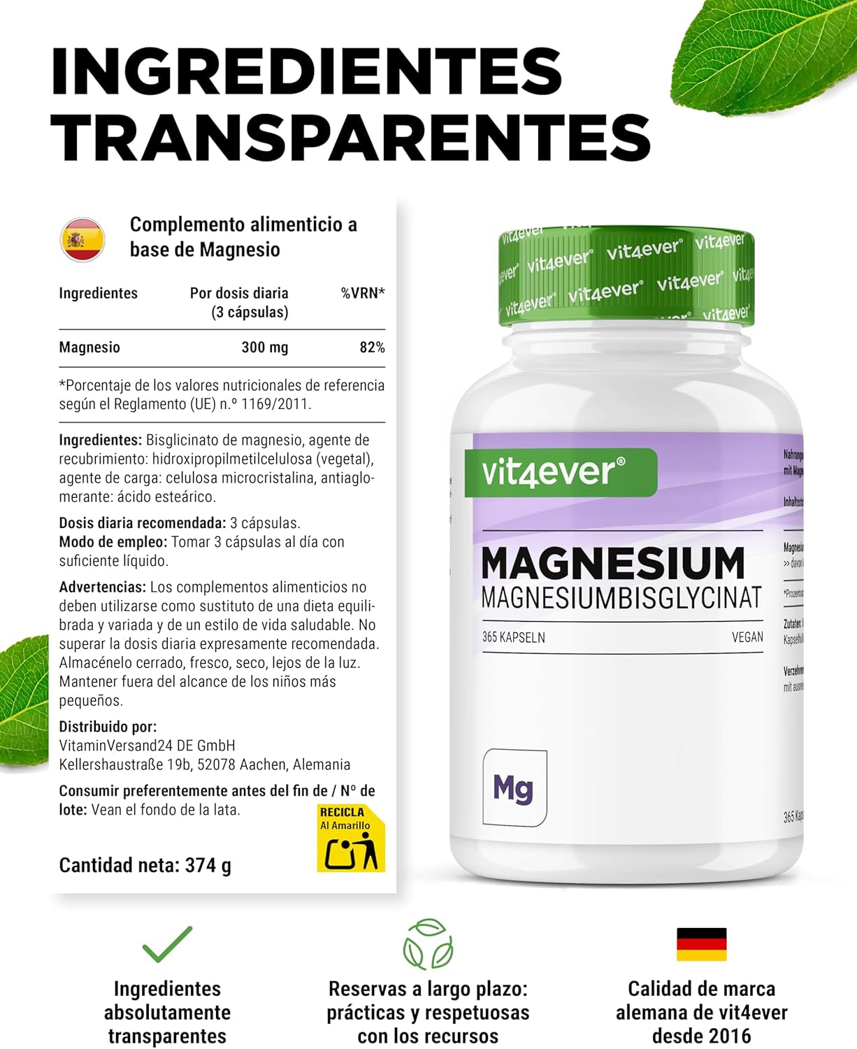 Vit4Ever Magnesio Bisglicinato - 365 Cápsulas - 300 Mg De Magnesio Elemental Por Dosis Diaria - Premium: Magnesium Quelado - Vegano