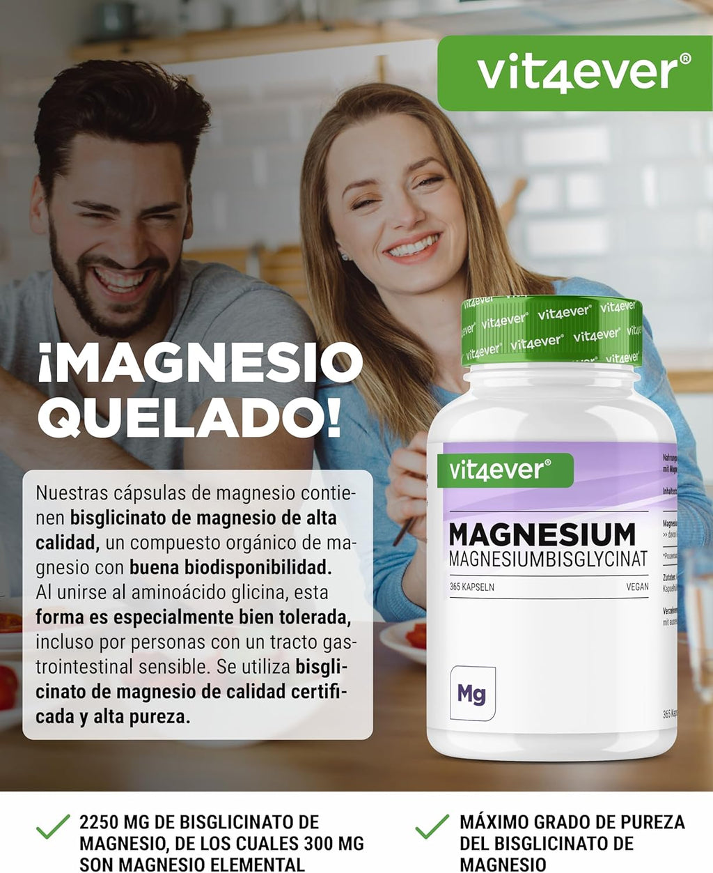 Vit4Ever Magnesio Bisglicinato - 365 Cápsulas - 300 Mg De Magnesio Elemental Por Dosis Diaria - Premium: Magnesium Quelado - Vegano