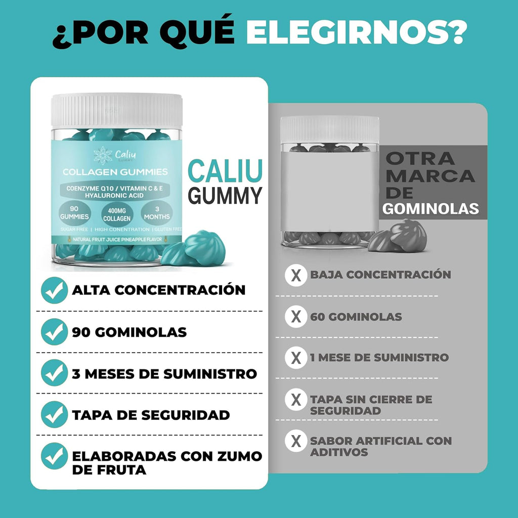 Gomitas De Colágeno Marino Hidrolizado 400 Mg + Ácido Hialurónico + Coenzima Q10 + Vitaminas C, D Y E | 90 Gomitas | Piña | Suplemento Piel, Cabello, Uñas Y Articulaciones | Sin Azúcar