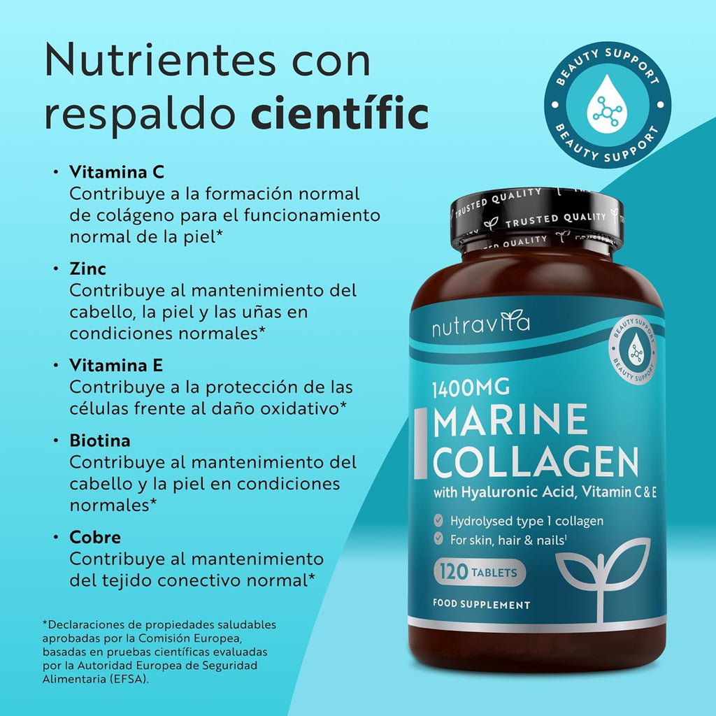 Nutravita Colágeno Marino 1400Mg Con Ácido Hialurónico 100Mg - 120 Comprimidos Potentes - Suplementos De Colágeno Hidrolizado Con Vitamina C, Vitamina E, Vitamina B2, Zinc, Cobre