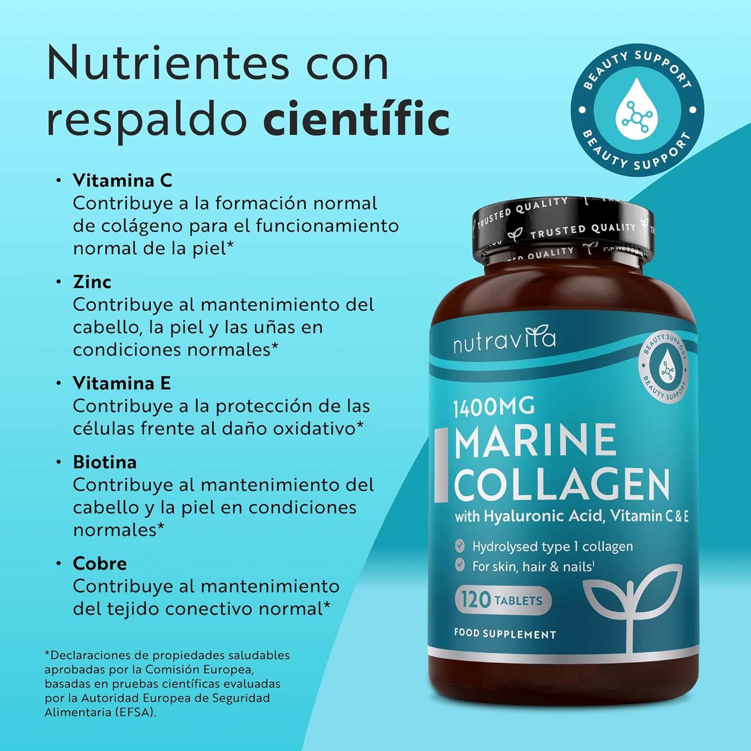 Nutravita Colágeno Marino 1400Mg Con Ácido Hialurónico 100Mg - 120 Comprimidos Potentes - Suplementos De Colágeno Hidrolizado Con Vitamina C, Vitamina E, Vitamina B2, Zinc, Cobre
