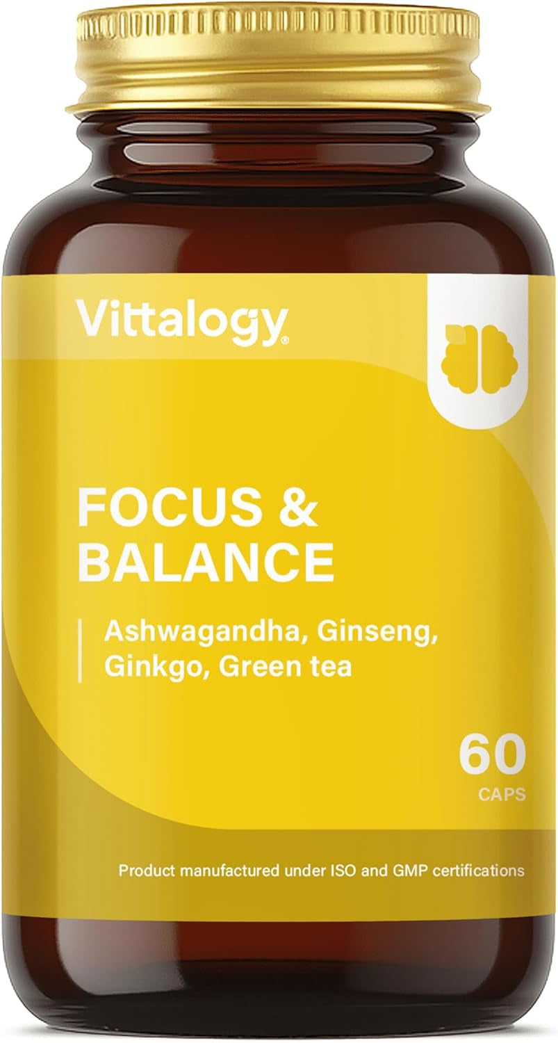 Focus & Balance Complemento Alimenticio Nootrópico Con Ashwagandha Para Memoria Y Concentración. Suplemento Antiestrés De Té Verde, Ginseng Y Vitaminas B3, B5 Y B1 Para Estudiar. 60 Cápsulas