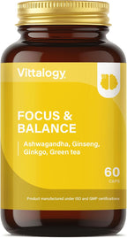 Focus & Balance Complemento Alimenticio Nootrópico Con Ashwagandha Para Memoria Y Concentración. Suplemento Antiestrés De Té Verde, Ginseng Y Vitaminas B3, B5 Y B1 Para Estudiar. 60 Cápsulas