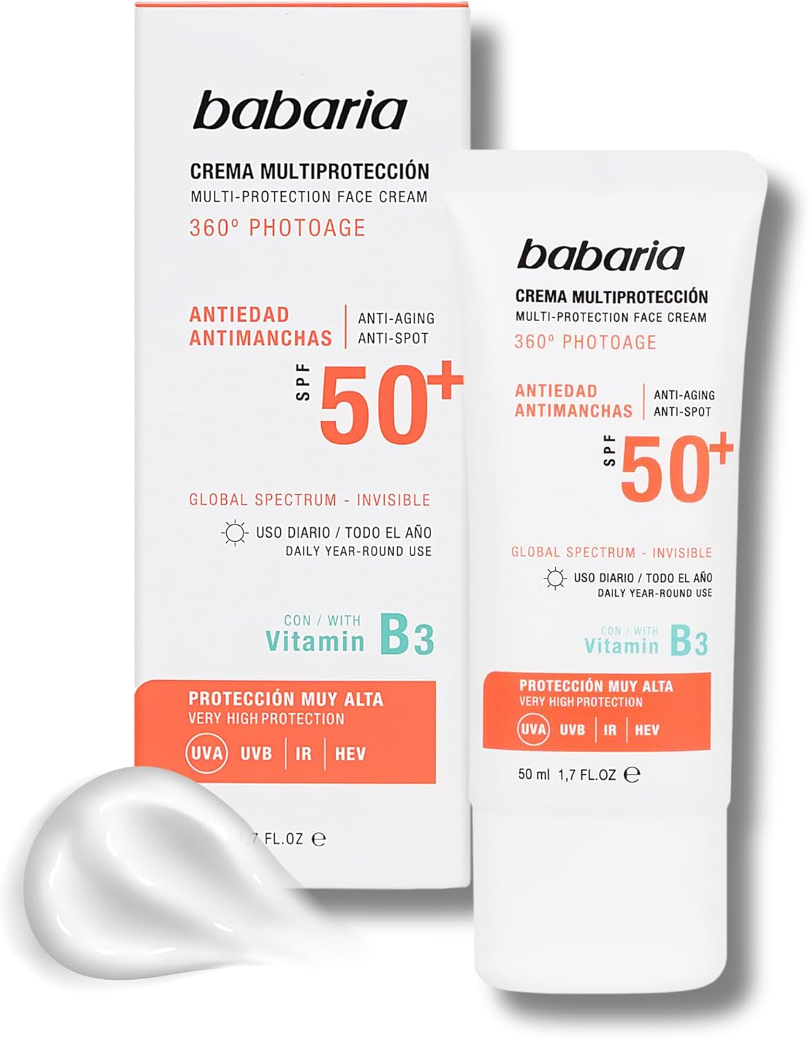 Babaria Crema Facial Multi Protectora Antiedad Y Antimanchas Spf 50+, Fresco, 50 Ml