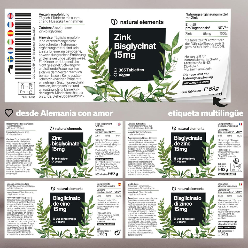 Natural Elements Zinc Bisglicinato 15Mg - 365 Comprimidos (1 Año) - Para El Pelo, Piel, Uñas Y Reforzar Sistema Inmunológico - Bisglicinato De Zinc Alta Biodisponibilidad
