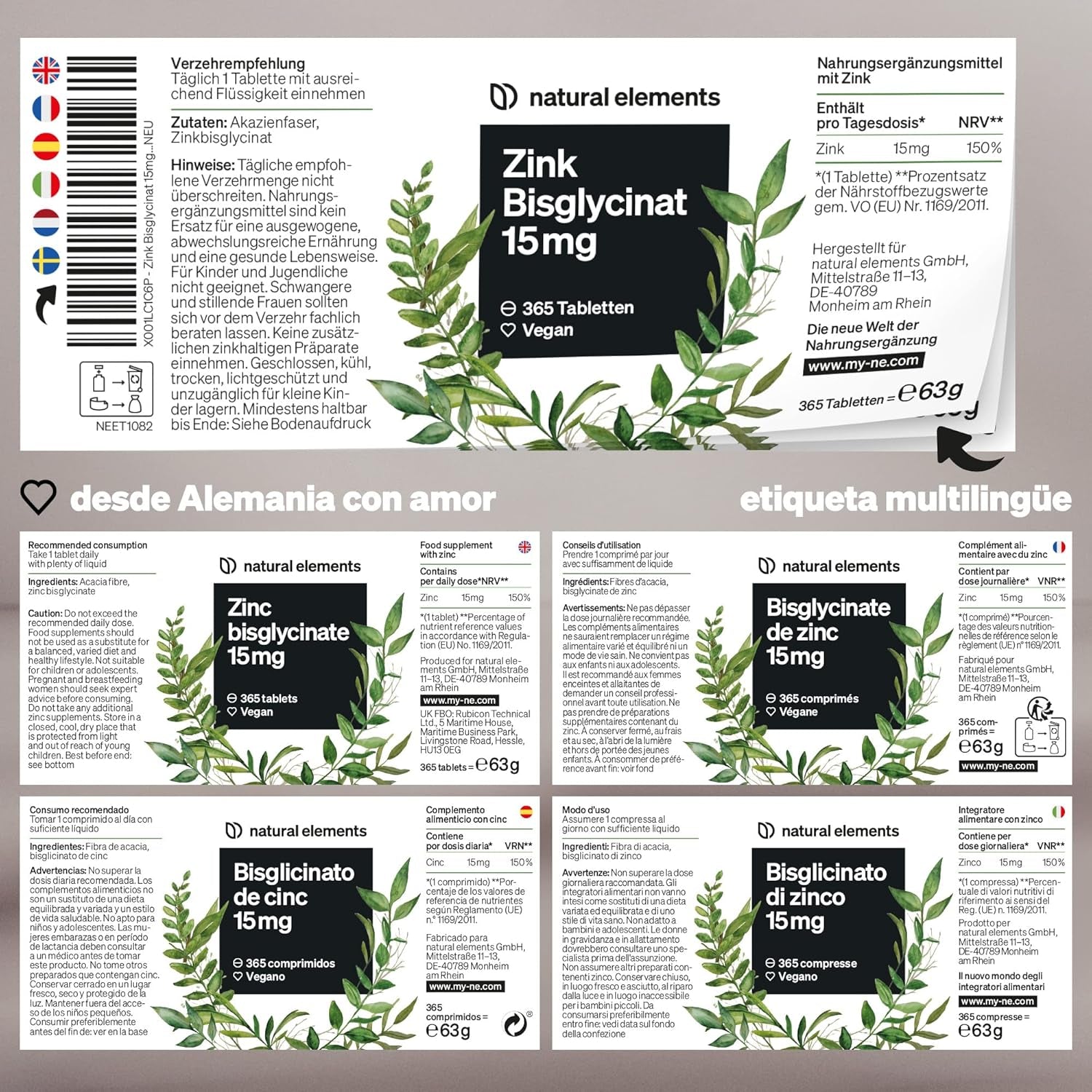 Natural Elements Zinc Bisglicinato 15Mg - 365 Comprimidos (1 Año) - Para El Pelo, Piel, Uñas Y Reforzar Sistema Inmunológico - Bisglicinato De Zinc Alta Biodisponibilidad