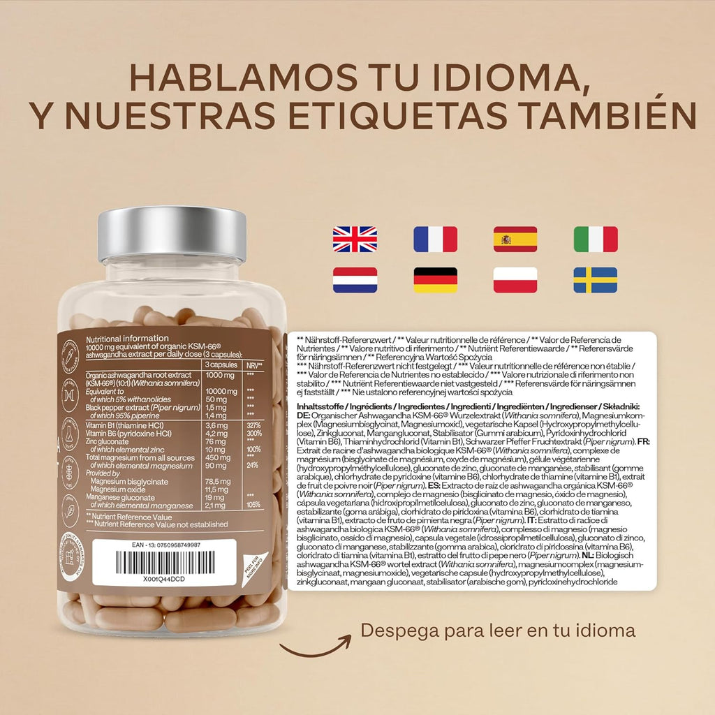 Ashwagandha KSM-66 1000Mg (Proporción De Extracto 10:1 Equivalente a 10,000Mg Por Porción) - 5% De Withanólidos - Ashwagandha Organica Con Magnesio, Manganeso, Zinc Y Vitamina B6, B1-120 Capsulas