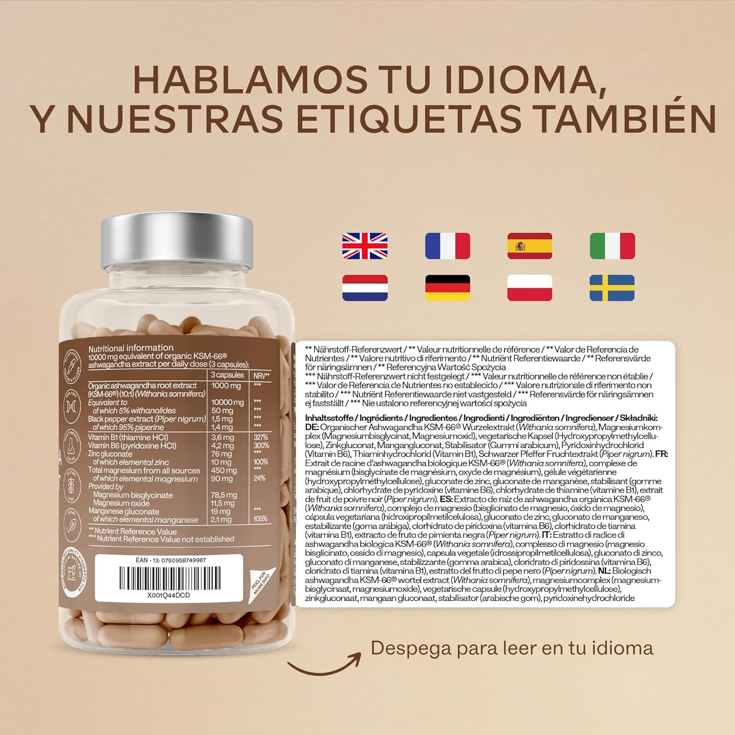 Ashwagandha KSM-66 1000Mg (Proporción De Extracto 10:1 Equivalente a 10,000Mg Por Porción) - 5% De Withanólidos - Ashwagandha Organica Con Magnesio, Manganeso, Zinc Y Vitamina B6, B1-120 Capsulas