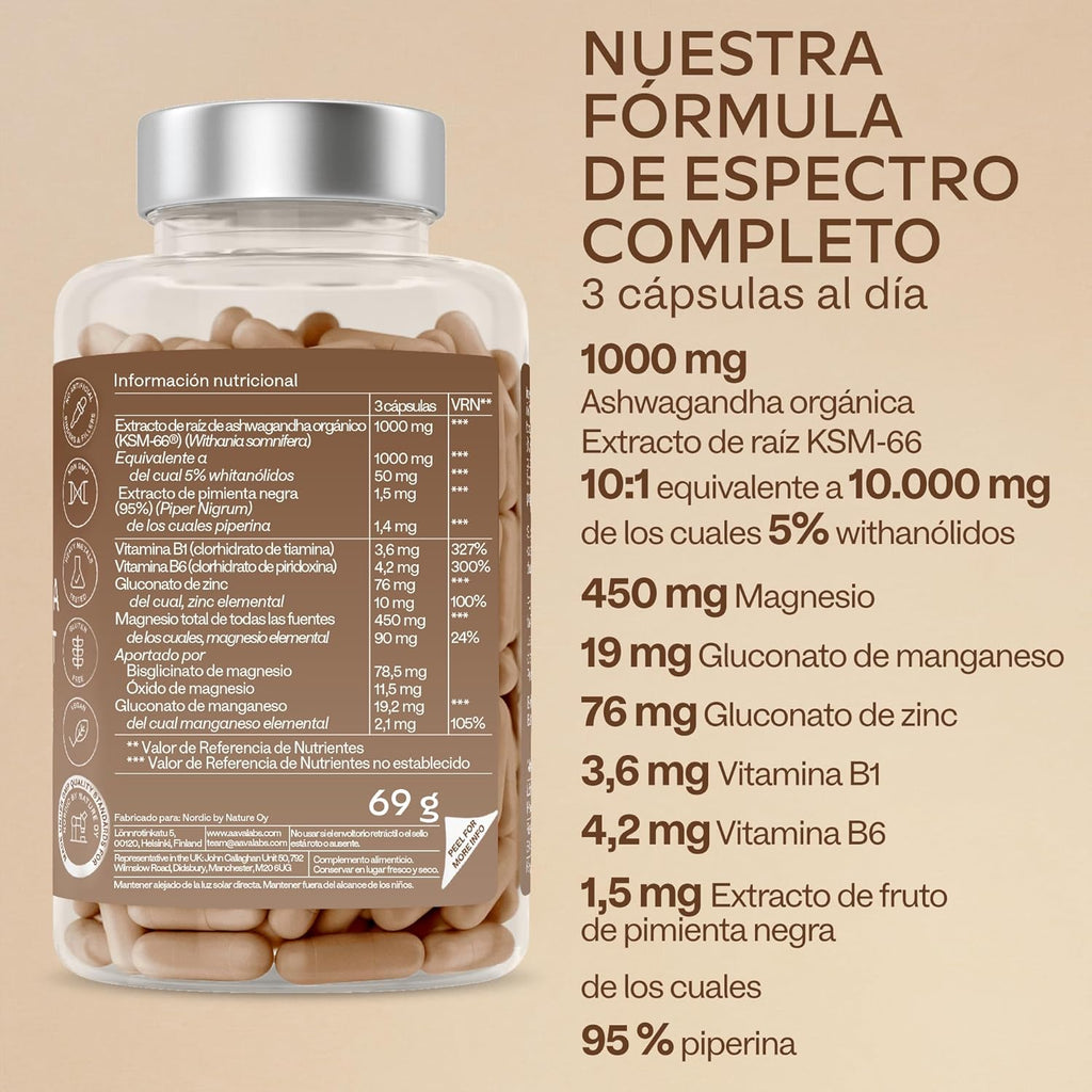 Ashwagandha KSM-66 1000Mg (Proporción De Extracto 10:1 Equivalente a 10,000Mg Por Porción) - 5% De Withanólidos - Ashwagandha Organica Con Magnesio, Manganeso, Zinc Y Vitamina B6, B1-120 Capsulas