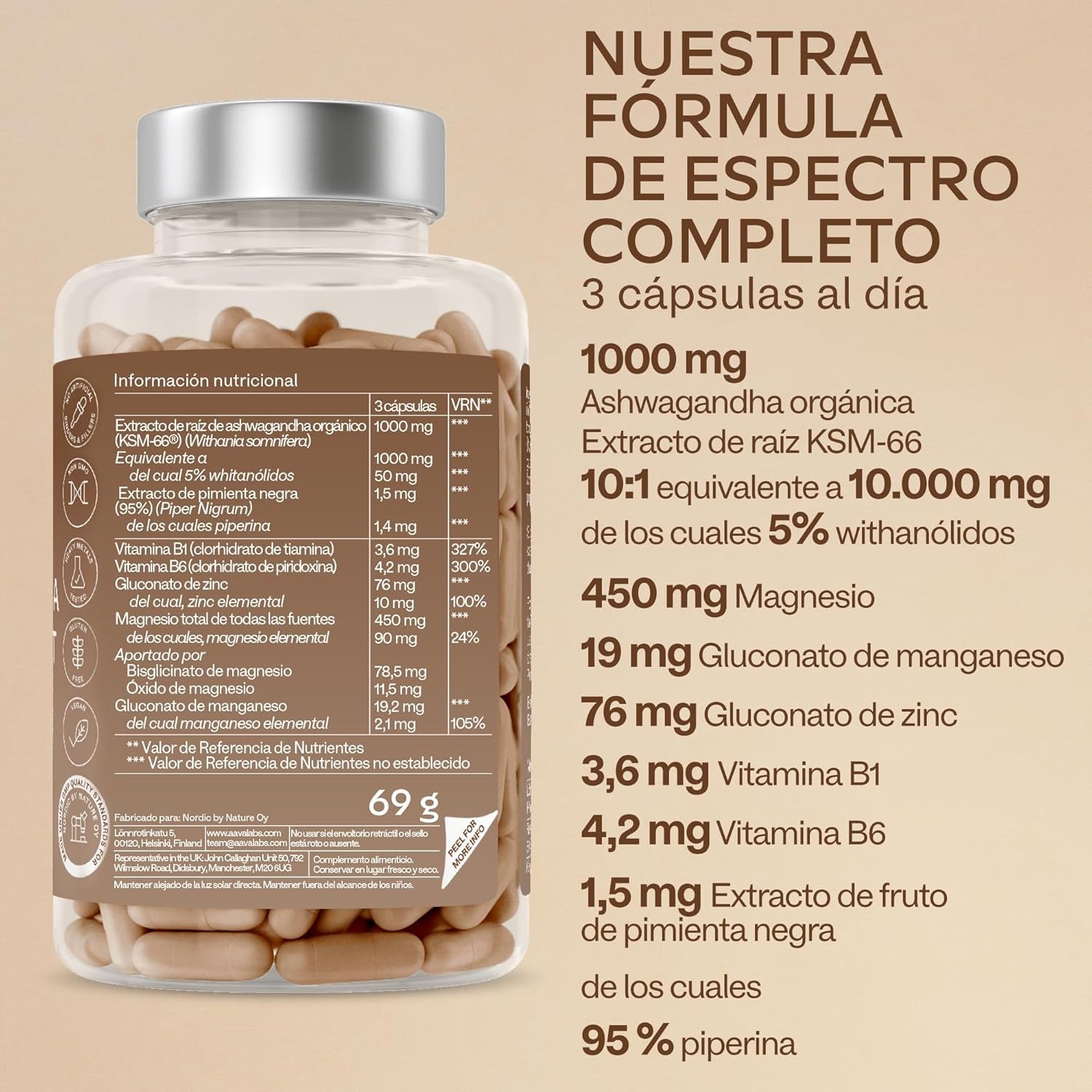 Ashwagandha KSM-66 1000Mg (Proporción De Extracto 10:1 Equivalente a 10,000Mg Por Porción) - 5% De Withanólidos - Ashwagandha Organica Con Magnesio, Manganeso, Zinc Y Vitamina B6, B1-120 Capsulas