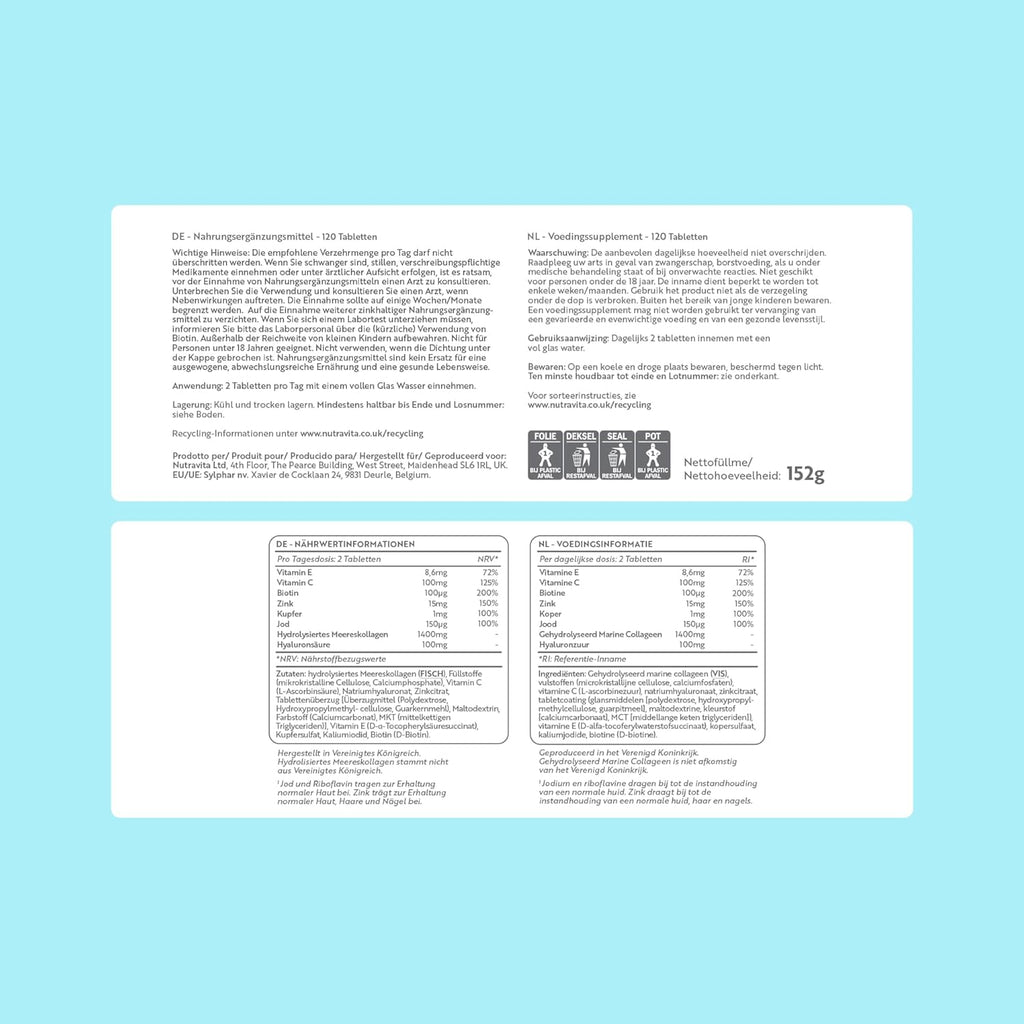 Nutravita Colágeno Marino 1400Mg Con Ácido Hialurónico 100Mg - 120 Comprimidos Potentes - Suplementos De Colágeno Hidrolizado Con Vitamina C, Vitamina E, Vitamina B2, Zinc, Cobre