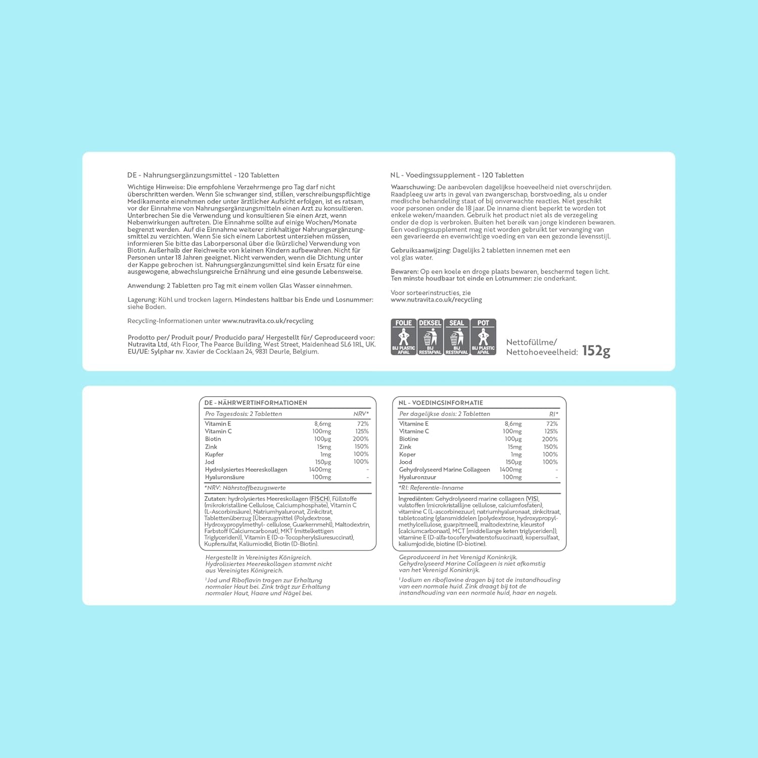 Nutravita Colágeno Marino 1400Mg Con Ácido Hialurónico 100Mg - 120 Comprimidos Potentes - Suplementos De Colágeno Hidrolizado Con Vitamina C, Vitamina E, Vitamina B2, Zinc, Cobre