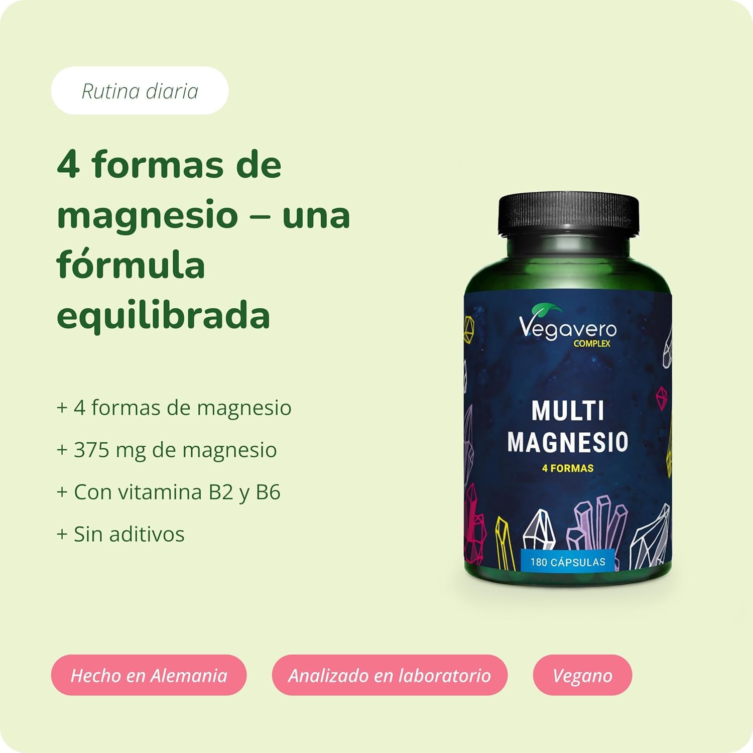 Magnesio Complex | 375 Mg De Magnesio | Citrato + Bisglicinato + Taurato + Malato | 180 Cápsulas | Vitamina B6 & B2 | Sin Aditivos & Vegano | Vegavero