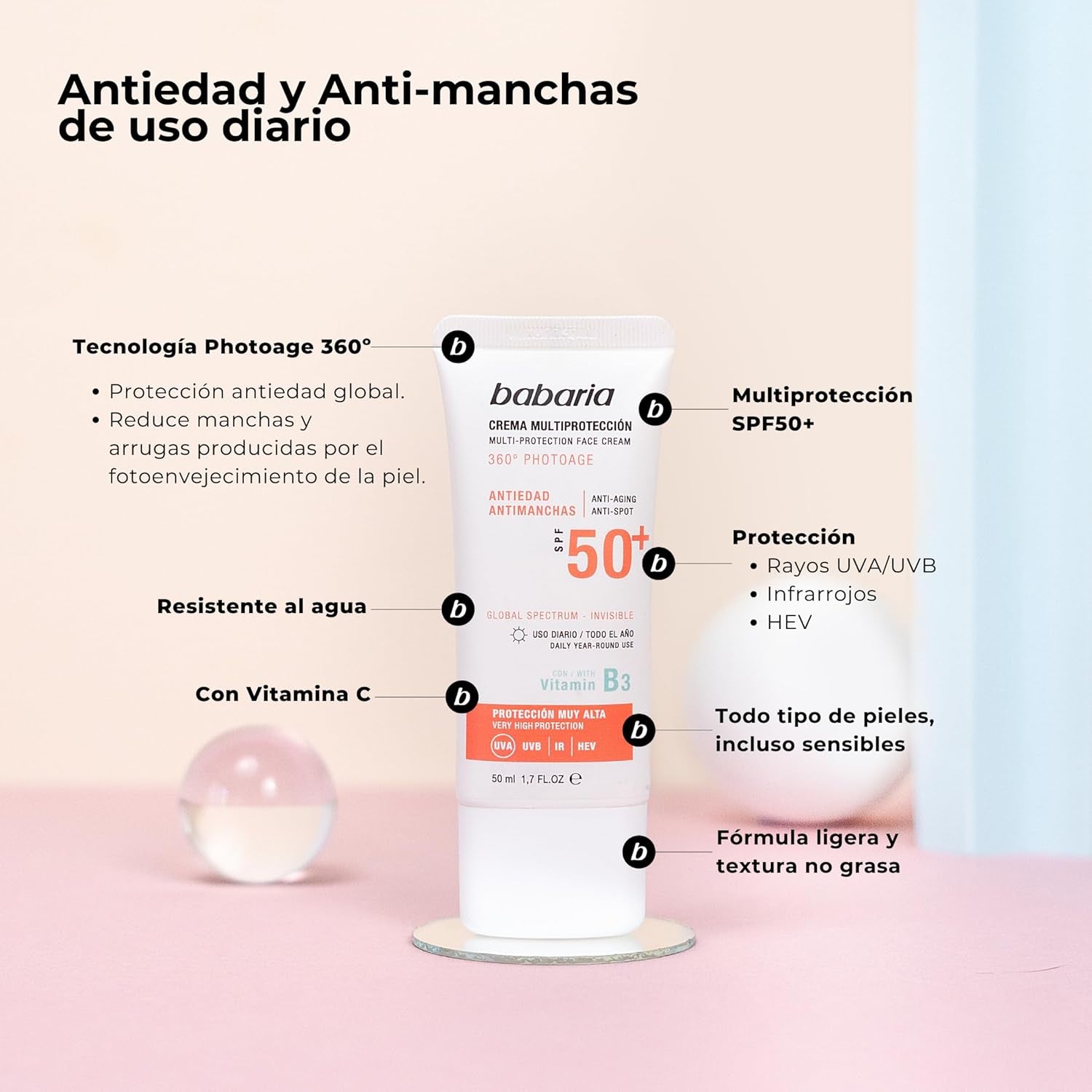 Babaria Crema Facial Multi Protectora Antiedad Y Antimanchas Spf 50+, Fresco, 50 Ml