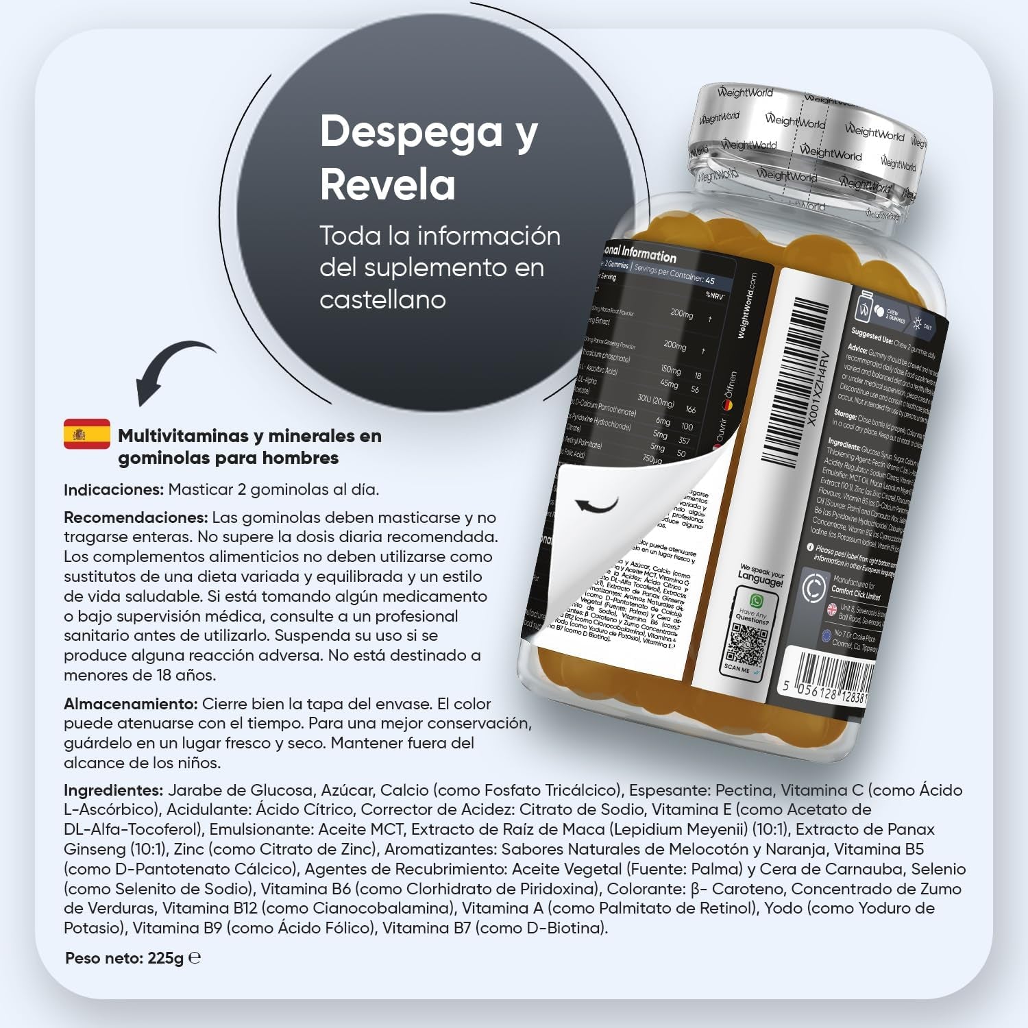 Multivitamínico Hombre Con Minerales - 90 Gominolas Sabor Melocotón Y Naranja - 14 Nutrientes Esenciales, Men Complex De Vitaminas B, Vitamina C, Calcio, Zinc Maca Y Biotina - Apto Para Veganos