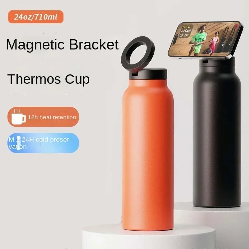 Magnetic Phone Holder Insulated Sports Water Bottle with Phone Mount Stand for Gym Outdoor Activities Daily Hydration
