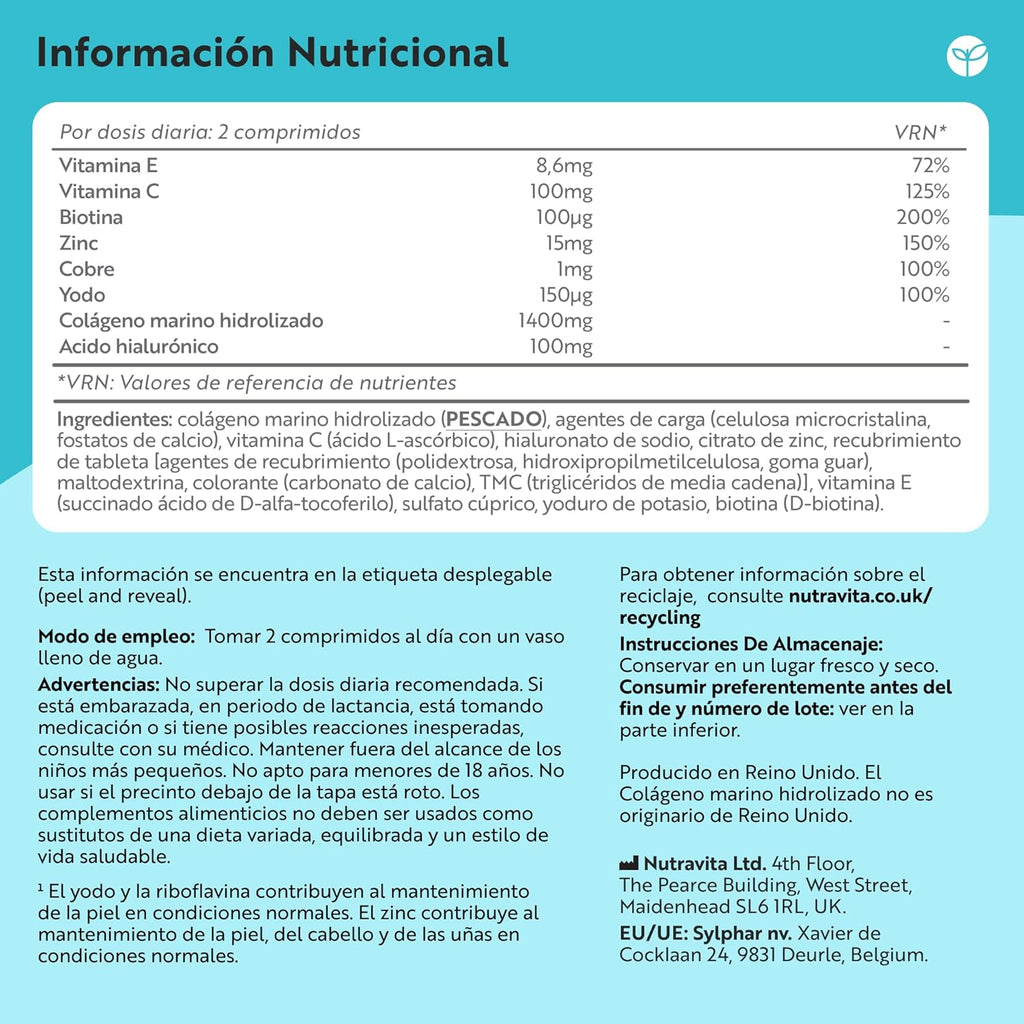 Nutravita Colágeno Marino 1400Mg Con Ácido Hialurónico 100Mg - 120 Comprimidos Potentes - Suplementos De Colágeno Hidrolizado Con Vitamina C, Vitamina E, Vitamina B2, Zinc, Cobre