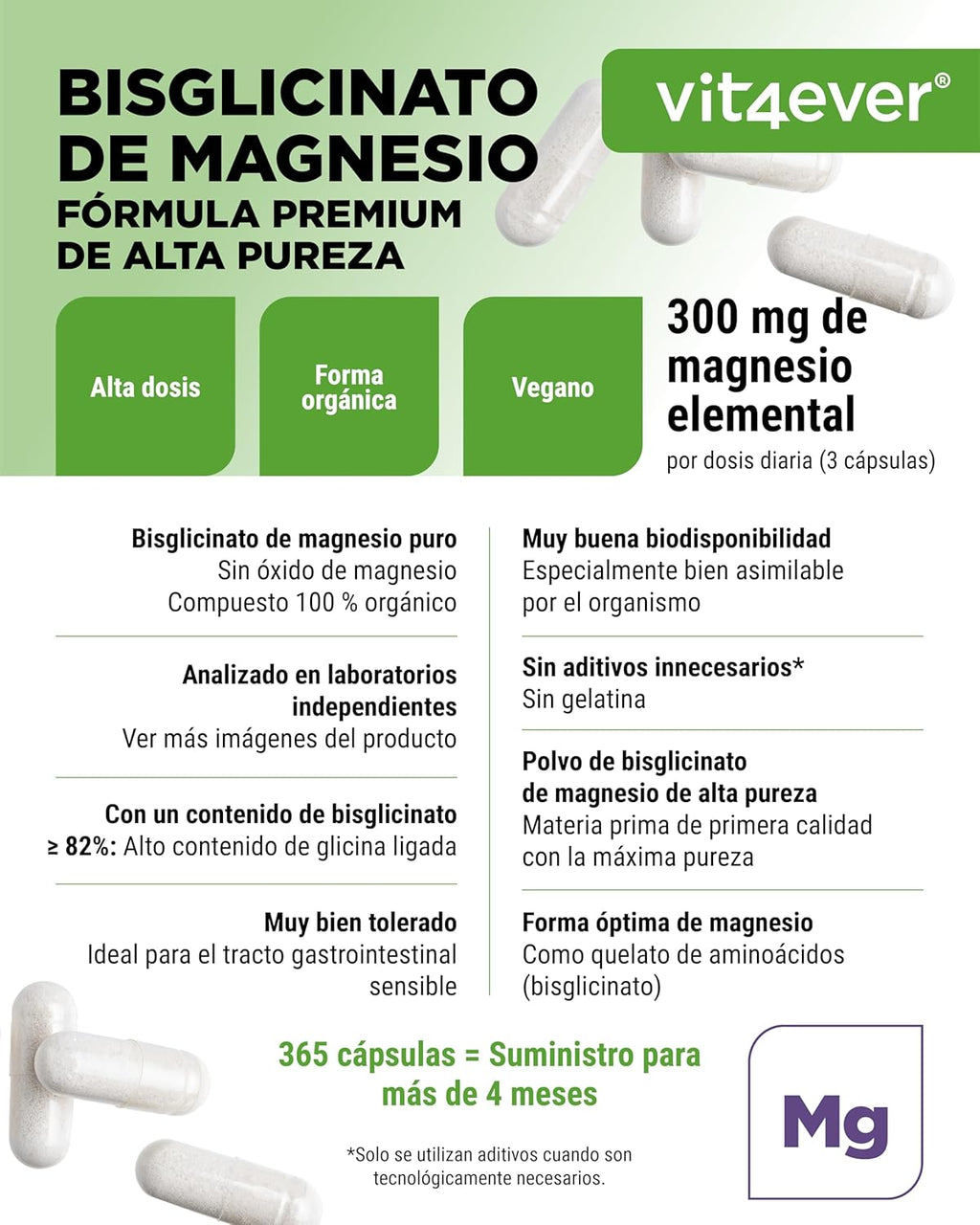 Vit4Ever Magnesio Bisglicinato - 365 Cápsulas - 300 Mg De Magnesio Elemental Por Dosis Diaria - Premium: Magnesium Quelado - Vegano