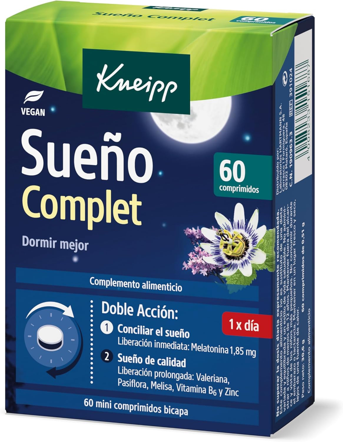 Kneipp Sueño Complet: Tecnología Bicapa; Ayuda a Conciliar Y Mantener El Sueño; 1,85Mg De Melatonina; 60 Comprimidos