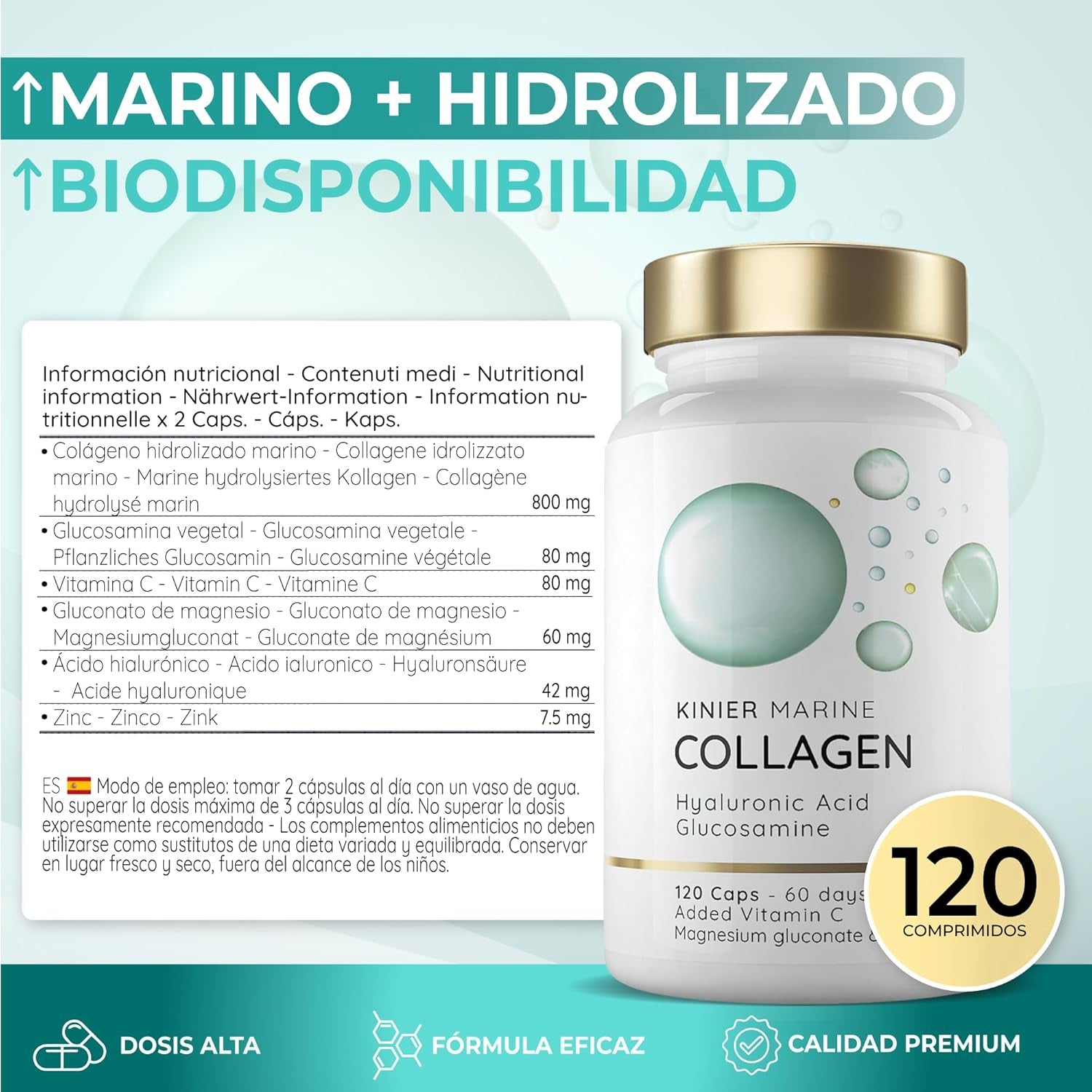 Colágeno Marino Hidrolizado Puro + Ácido Hialurónico, Magnesio Zinc, Glucosamina, Vitamina C Para Piel, Articulación Y Cabello