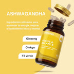 Focus & Balance Complemento Alimenticio Nootrópico Con Ashwagandha Para Memoria Y Concentración. Suplemento Antiestrés De Té Verde, Ginseng Y Vitaminas B3, B5 Y B1 Para Estudiar. 60 Cápsulas